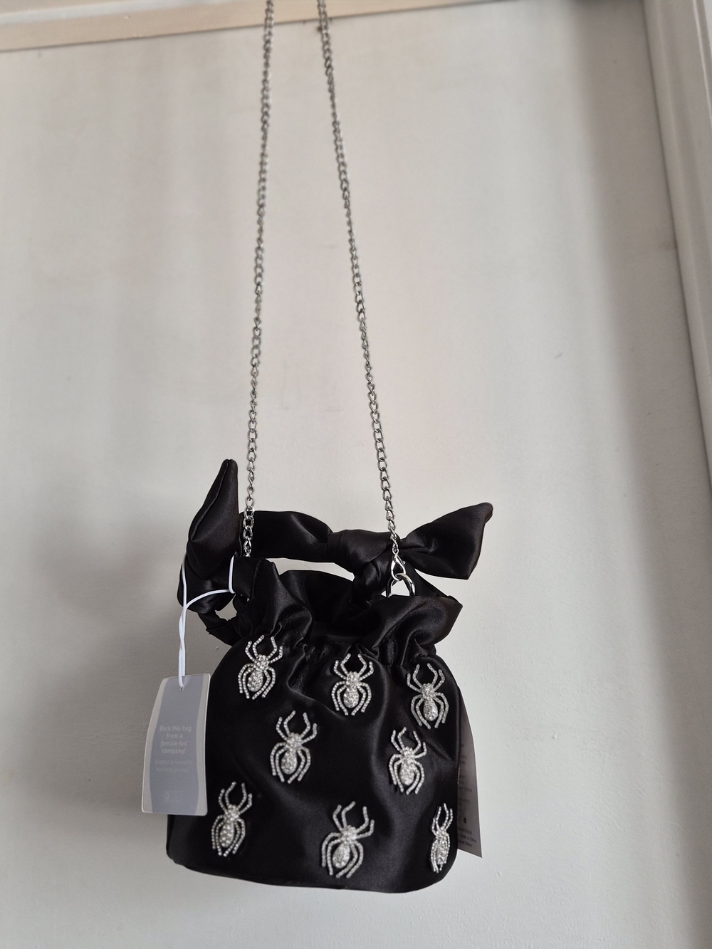 Black Satin Mini Drawstring Bag with Crystal Spider Embellishments
